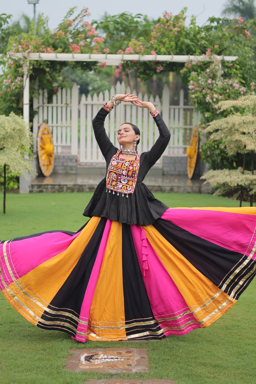 Navratri Special Multi-Color Lehenga with Black Peplum Top Kutchi Gamthi Work Full-Stitched Garba Outfit ClothsVilla