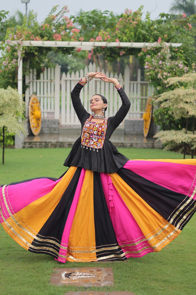 Navratri Special Multi-Color Lehenga with Black Peplum Top Kutchi Gamthi Work Full-Stitched Garba Outfit ClothsVilla