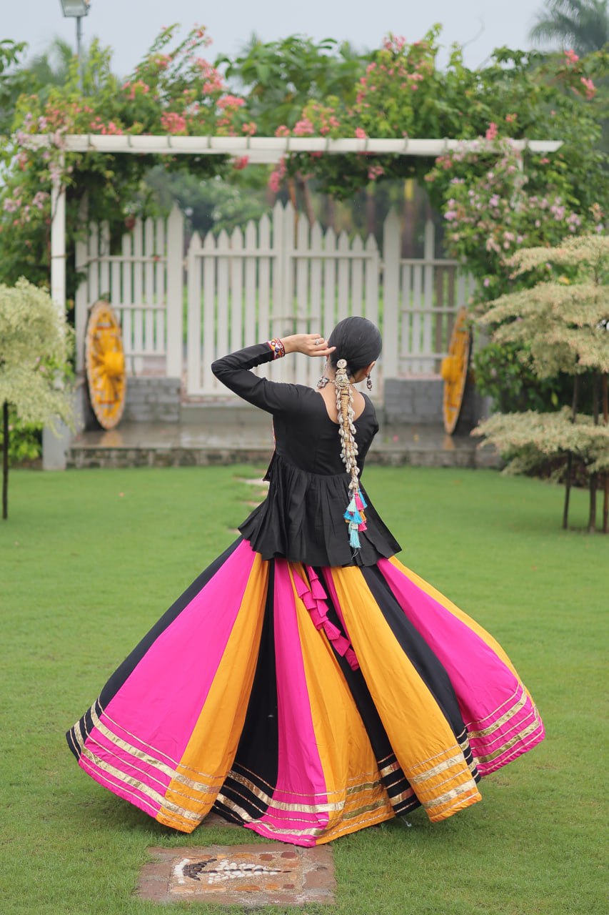 Navratri Special Multi-Color Lehenga with Black Peplum Top Kutchi Gamthi Work Full-Stitched Garba Outfit ClothsVilla