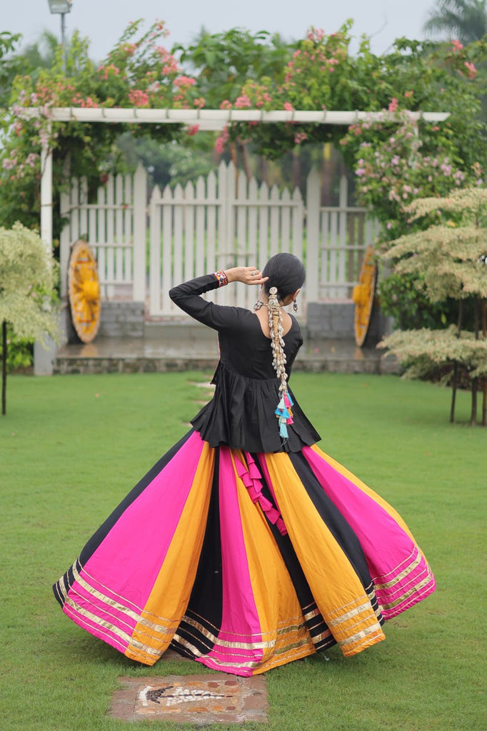 Navratri Special Multi-Color Lehenga with Black Peplum Top Kutchi Gamthi Work Full-Stitched Garba Outfit ClothsVilla