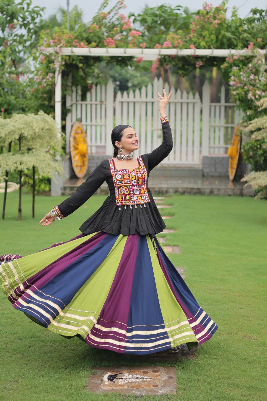 Navratri Special Multi-Color Lehenga with Black Peplum Top Kutchi Gamthi Work Full-Stitched Garba Outfit ClothsVilla