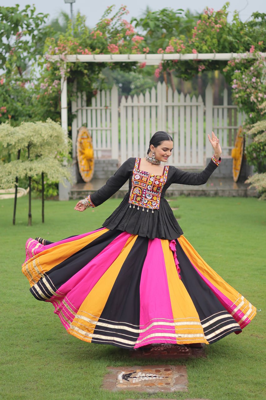 Navratri Special Multi-Color Lehenga with Black Peplum Top Kutchi Gamthi Work Full-Stitched Garba Outfit ClothsVilla