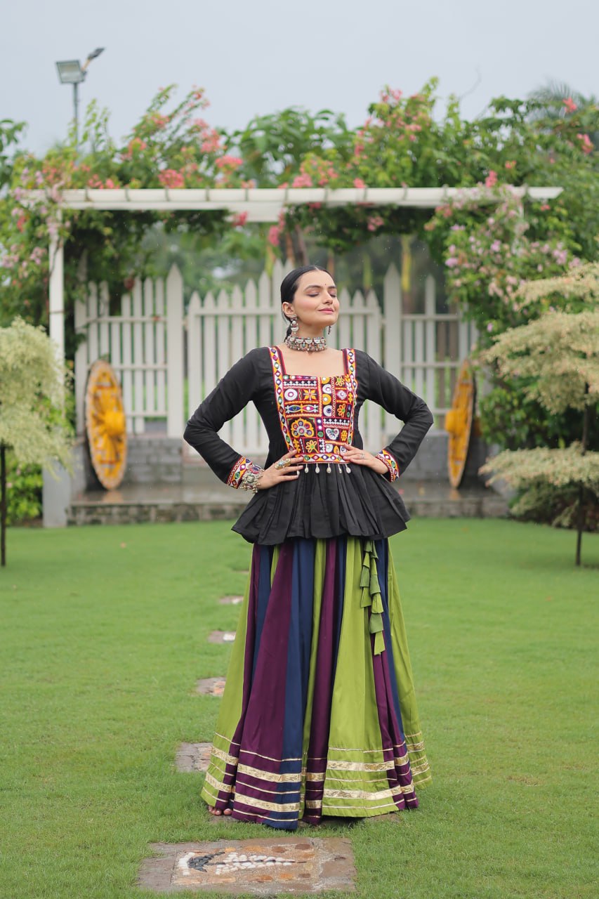 Navratri Special Multi-Color Lehenga with Black Peplum Top Kutchi Gamthi Work Full-Stitched Garba Outfit ClothsVilla
