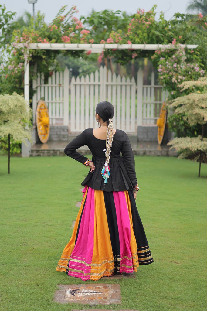 Navratri Special Multi-Color Lehenga with Black Peplum Top Kutchi Gamthi Work Full-Stitched Garba Outfit ClothsVilla