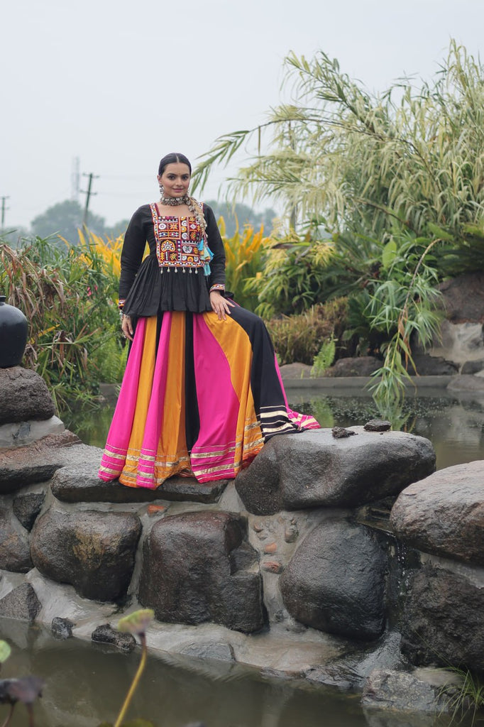 Navratri Special Multi-Color Lehenga with Black Peplum Top Kutchi Gamthi Work Full-Stitched Garba Outfit ClothsVilla