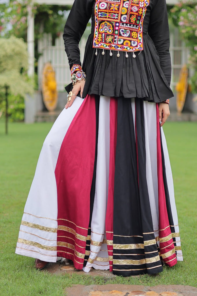 Navratri Special Multi-Color Lehenga with Black Peplum Top Kutchi Gamthi Work Full-Stitched Garba Outfit ClothsVilla