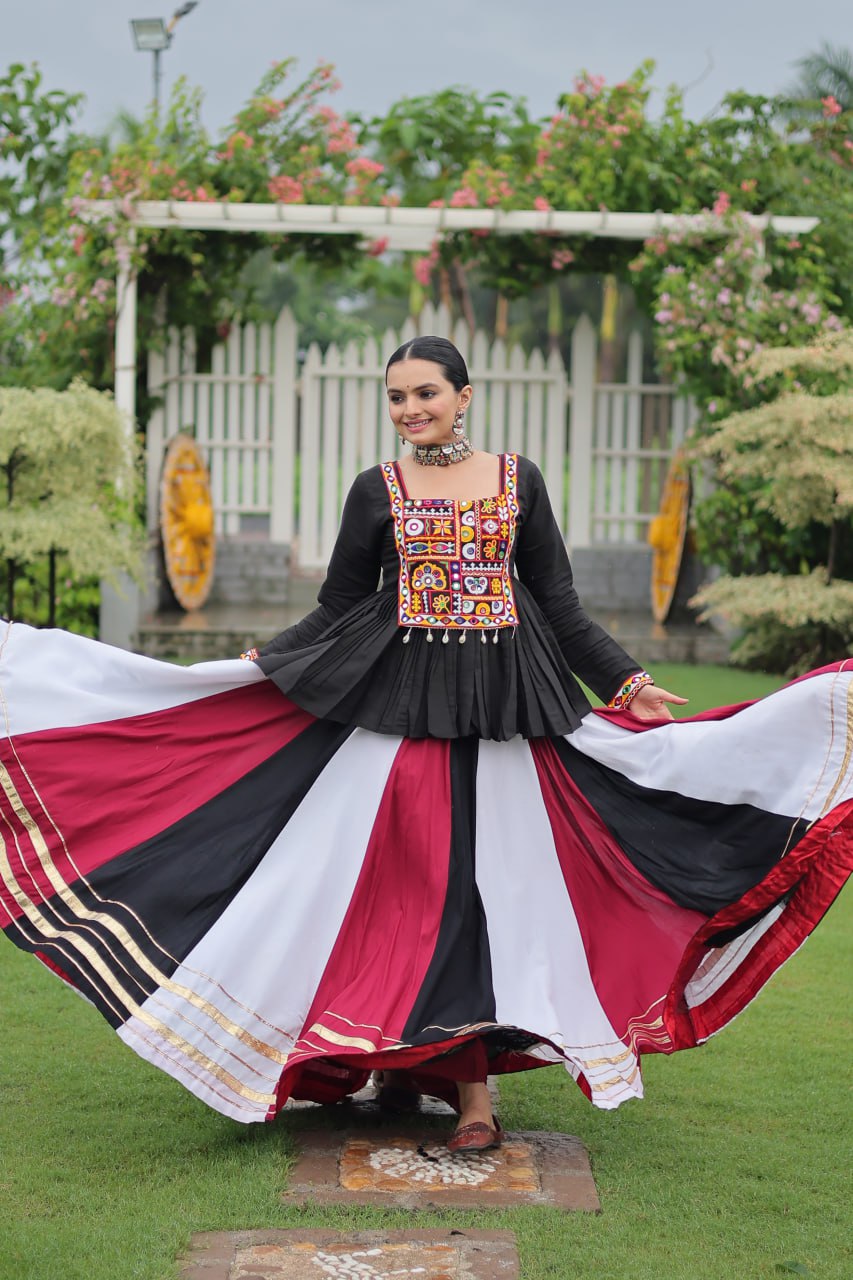 Navratri Special Multi-Color Lehenga with Black Peplum Top Kutchi Gamthi Work Full-Stitched Garba Outfit ClothsVilla