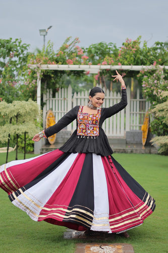 Navratri Special Multi-Color Lehenga with Black Peplum Top Kutchi Gamthi Work Full-Stitched Garba Outfit ClothsVilla
