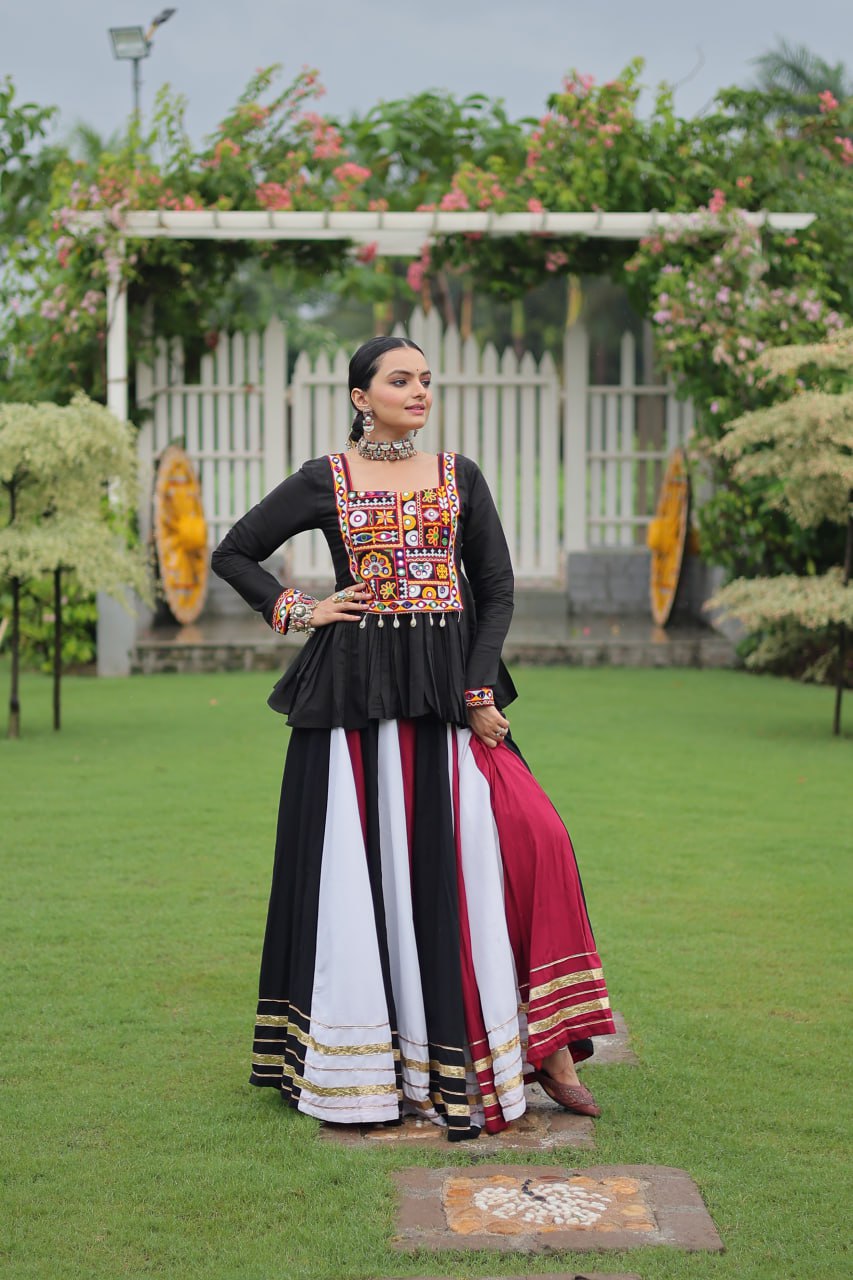 Navratri Special Multi-Color Lehenga with Black Peplum Top Kutchi Gamthi Work Full-Stitched Garba Outfit ClothsVilla
