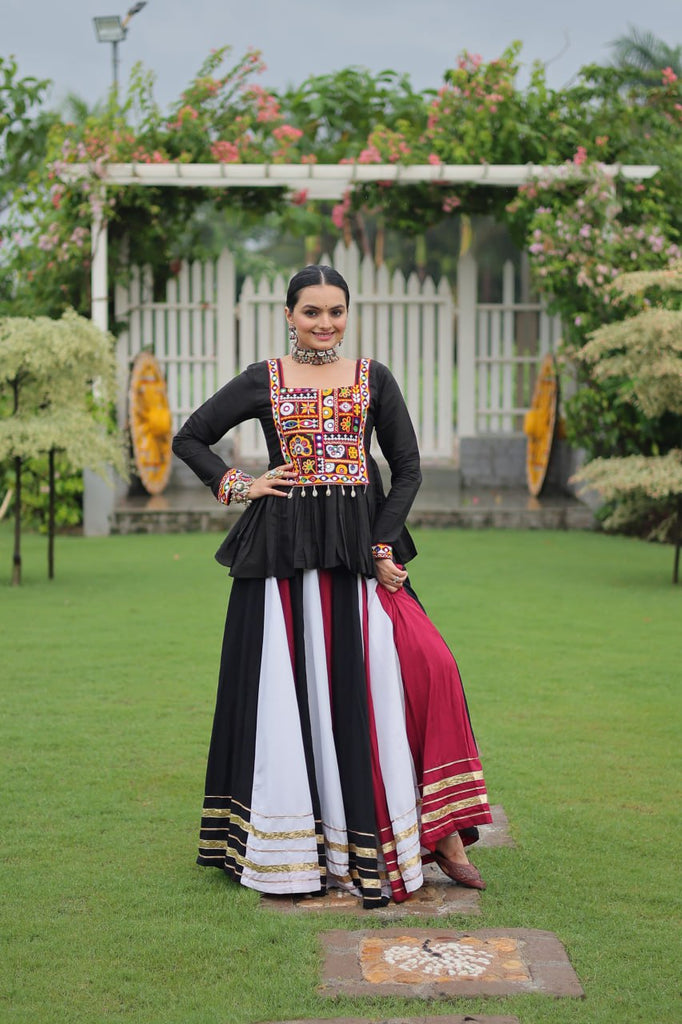 Navratri Special Multi-Color Lehenga with Black Peplum Top Kutchi Gamthi Work Full-Stitched Garba Outfit ClothsVilla