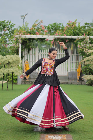 Navratri Special Multi-Color Lehenga with Black Peplum Top Kutchi Gamthi Work Full-Stitched Garba Outfit ClothsVilla