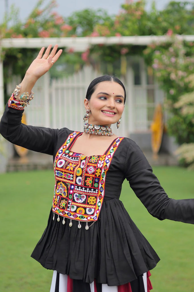 Navratri Special Multi-Color Lehenga with Black Peplum Top Kutchi Gamthi Work Full-Stitched Garba Outfit ClothsVilla