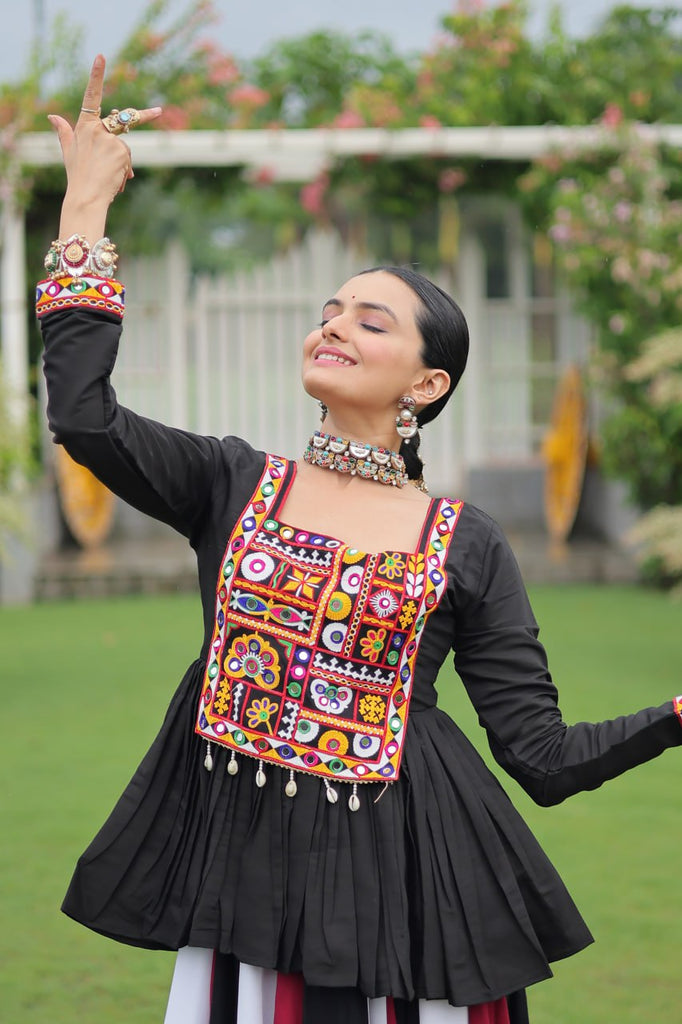 Navratri Special Multi-Color Lehenga with Black Peplum Top Kutchi Gamthi Work Full-Stitched Garba Outfit ClothsVilla