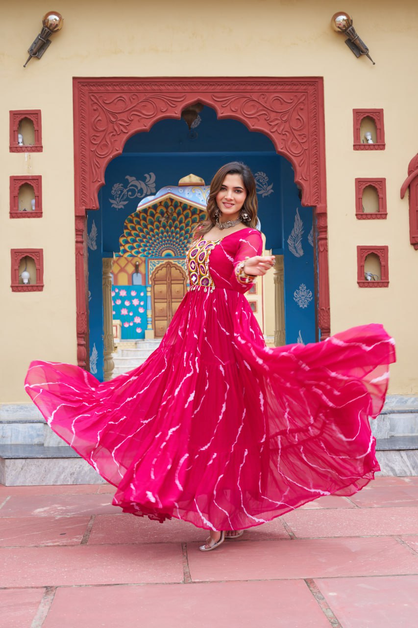 Pink Navratri Special Traditional Laheriya Print Kutchi Work Gown in Faux Georgette – 12 Meter Flair ClothsVilla