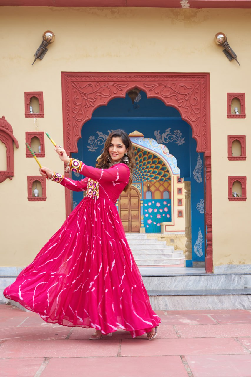 Pink Navratri Special Traditional Laheriya Print Kutchi Work Gown in Faux Georgette – 12 Meter Flair ClothsVilla