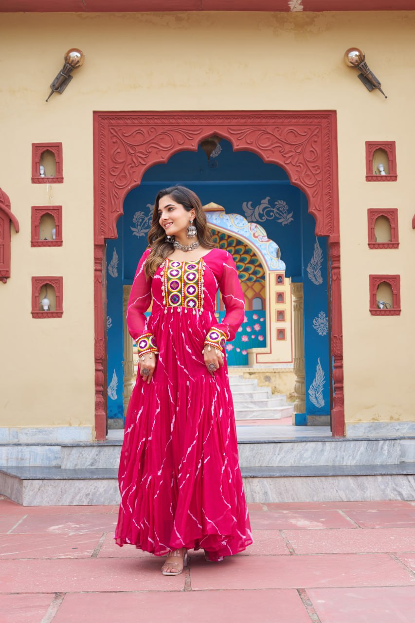 Pink Navratri Special Traditional Laheriya Print Kutchi Work Gown in Faux Georgette – 12 Meter Flair ClothsVilla