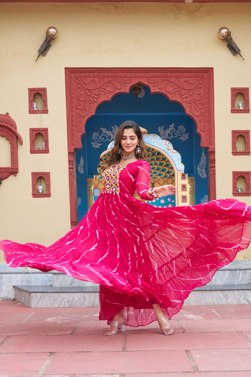 Pink Navratri Special Traditional Laheriya Print Kutchi Work Gown in Faux Georgette – 12 Meter Flair ClothsVilla