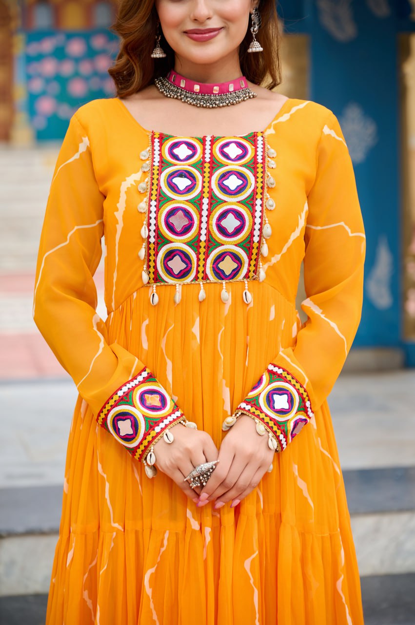 Navratri Special Yellow Traditional Laheriya Print Kutchi Work Gown in Faux Georgette – 12 Meter Flair ClothsVilla