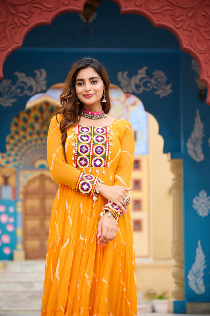Navratri Special Yellow Traditional Laheriya Print Kutchi Work Gown in Faux Georgette – 12 Meter Flair ClothsVilla