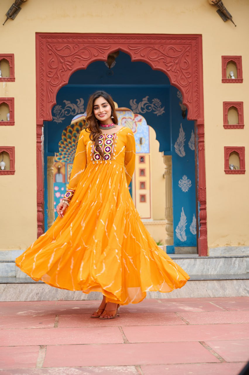 Navratri Special Yellow Traditional Laheriya Print Kutchi Work Gown in Faux Georgette – 12 Meter Flair ClothsVilla