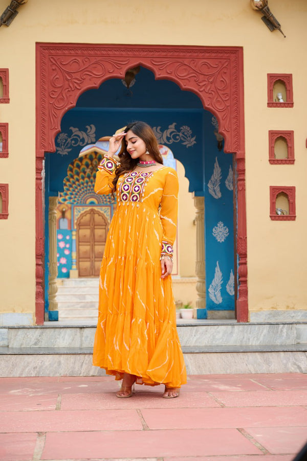 Navratri Special Yellow Traditional Laheriya Print Kutchi Work Gown in Faux Georgette – 12 Meter Flair ClothsVilla