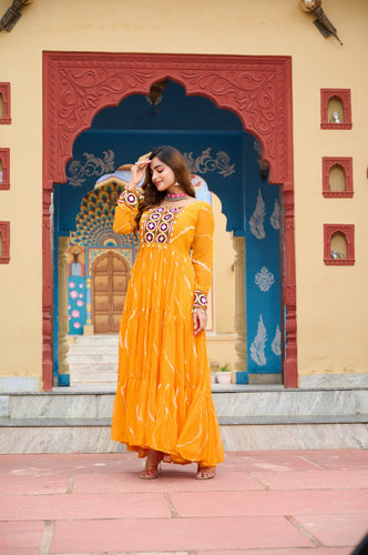 Navratri Special Yellow Traditional Laheriya Print Kutchi Work Gown in Faux Georgette – 12 Meter Flair ClothsVilla