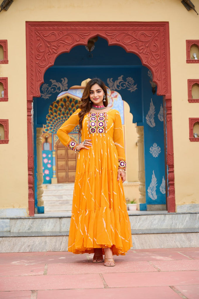 Navratri Special Yellow Traditional Laheriya Print Kutchi Work Gown in Faux Georgette – 12 Meter Flair ClothsVilla