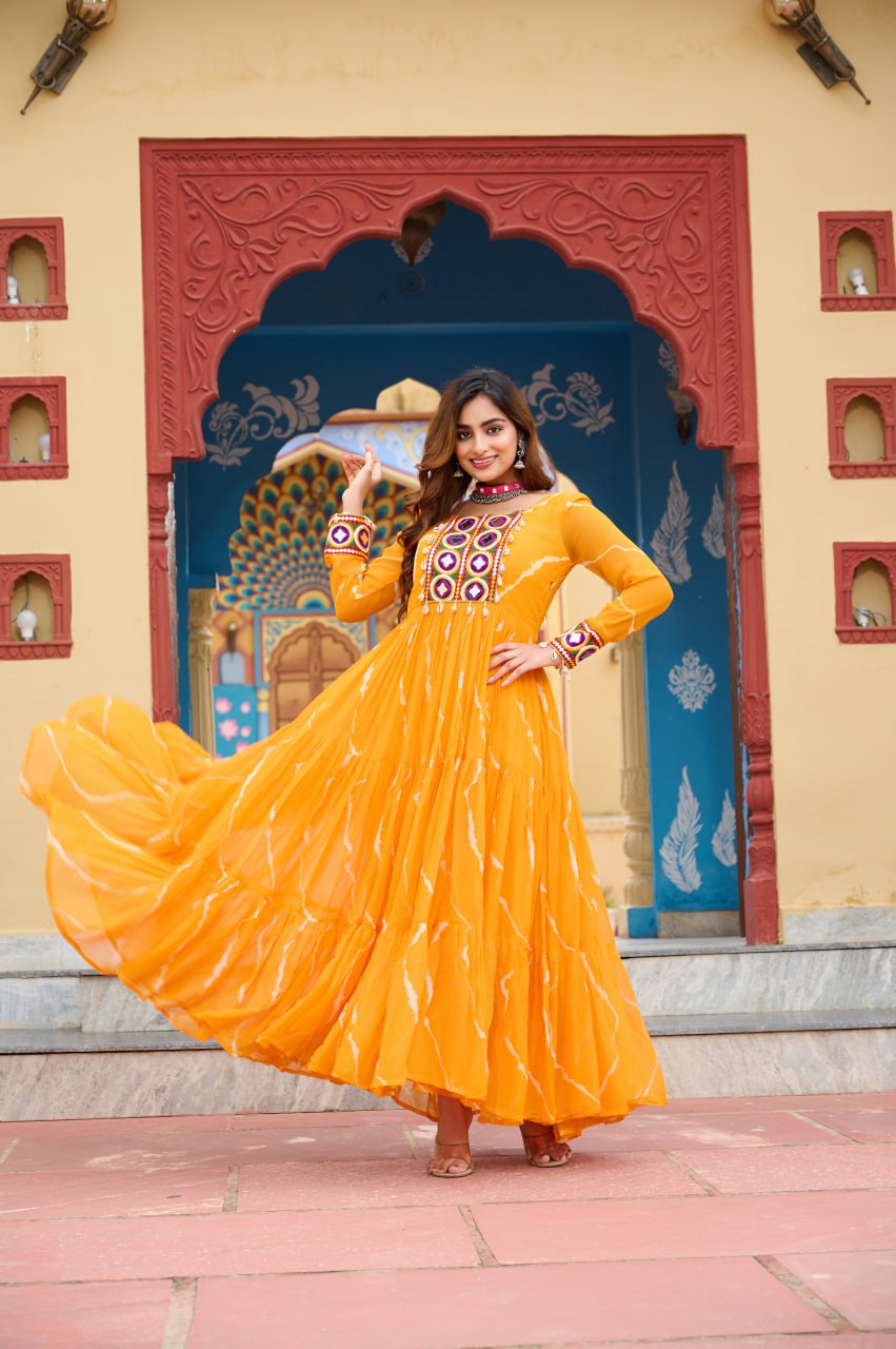 Navratri Special Yellow Traditional Laheriya Print Kutchi Work Gown in Faux Georgette – 12 Meter Flair ClothsVilla