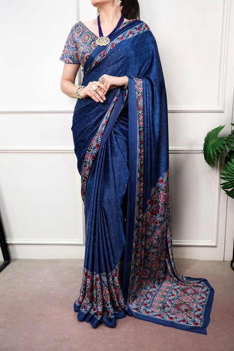 Navy Blue Ajrakh Print Satin Saree ClothsVilla Main image