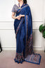 Navy Blue Ajrakh Print Satin Saree ClothsVilla