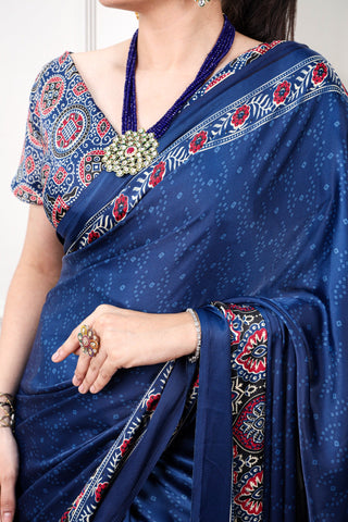 Navy Blue Ajrakh Print Satin Saree ClothsVilla