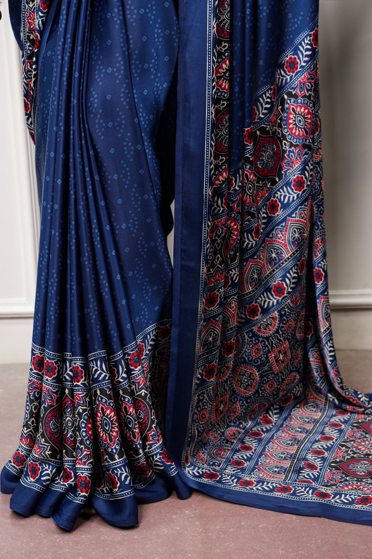 Navy Blue Ajrakh Print Satin Saree ClothsVilla