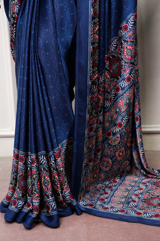 Navy Blue Ajrakh Print Satin Saree ClothsVilla