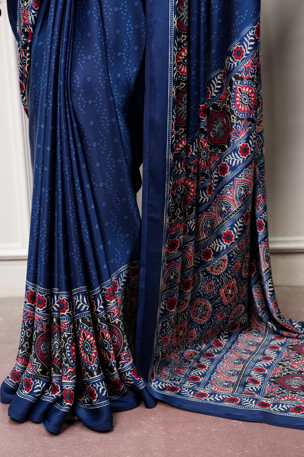 Navy Blue Ajrakh Print Satin Saree ClothsVilla