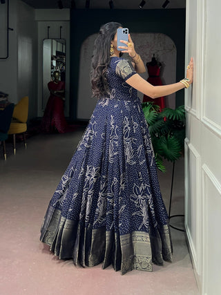 Navy Blue Bandhej Print Long Dress ClothsVilla