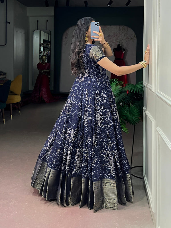 Navy Blue Bandhej Print Long Dress ClothsVilla