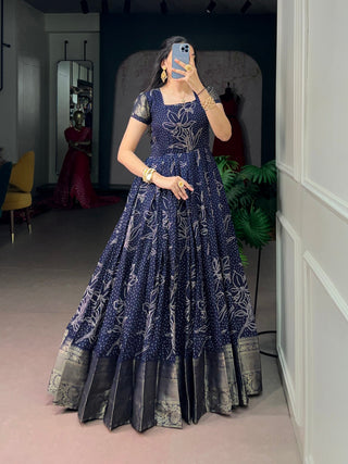 Navy Blue Bandhej Print Long Dress ClothsVilla