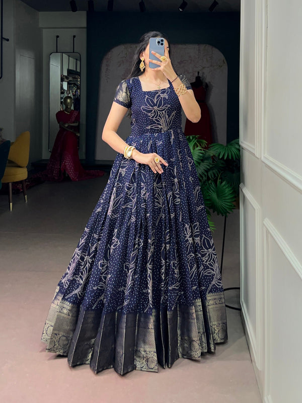 Navy Blue Bandhej Print Long Dress ClothsVilla