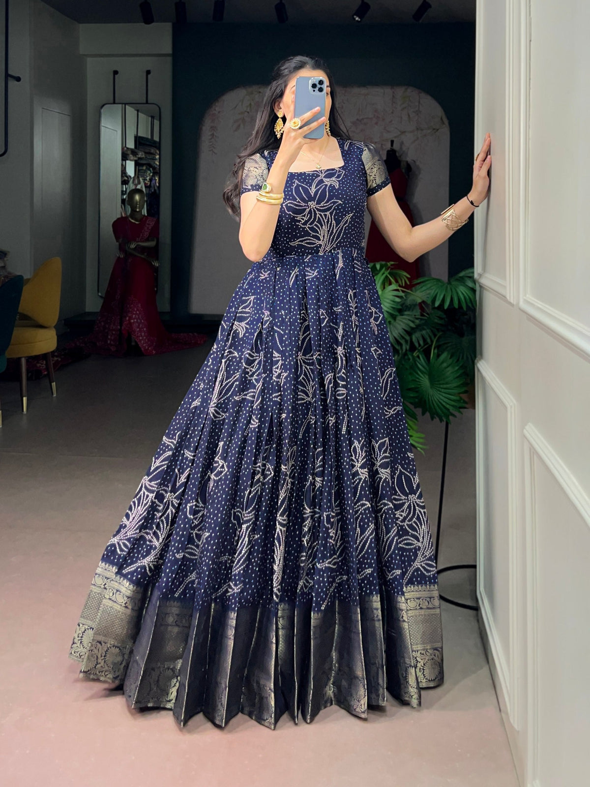 Navy Blue Bandhej Print Long Dress ClothsVilla