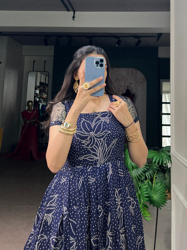 Navy Blue Bandhej Print Long Dress ClothsVilla