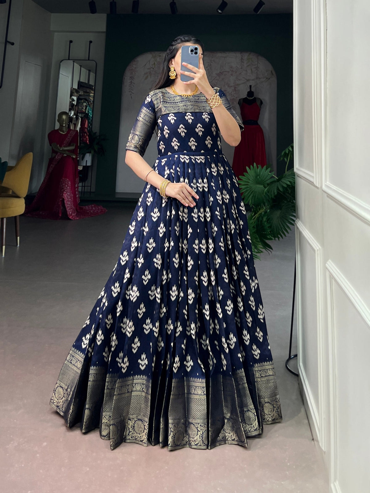 Navy Blue Checks Zari Border Dress ClothsVilla