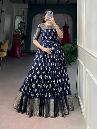 Navy Blue Checks Zari Border Dress ClothsVilla
