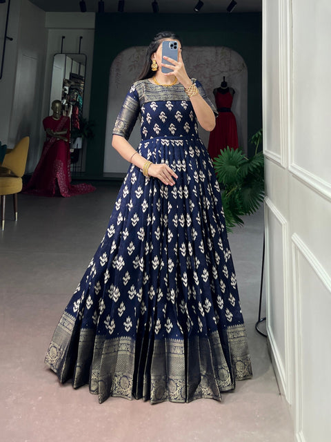 Navy Blue Checks Zari Border Dress ClothsVilla Main image