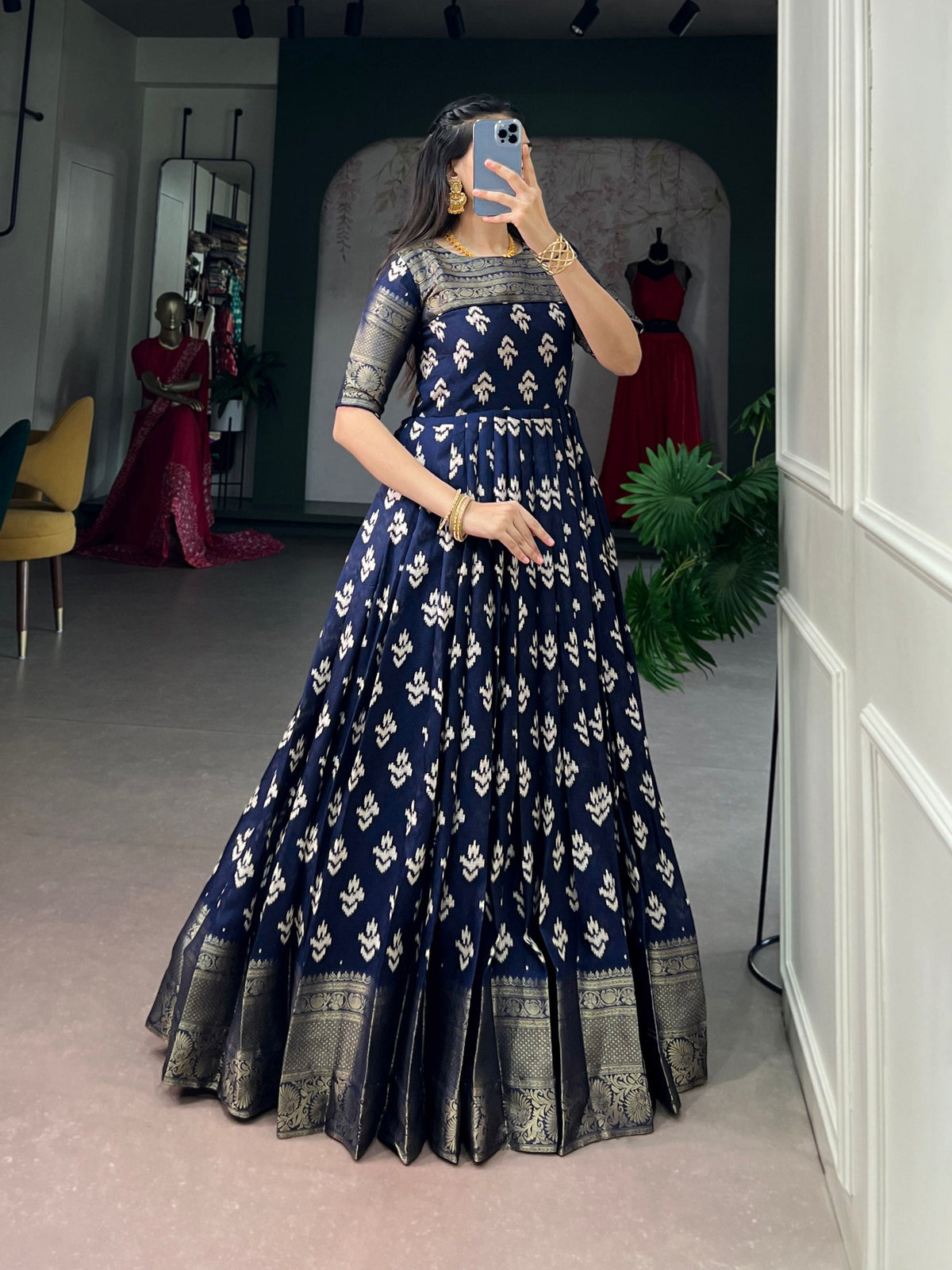 Navy Blue Checks Zari Border Dress ClothsVilla