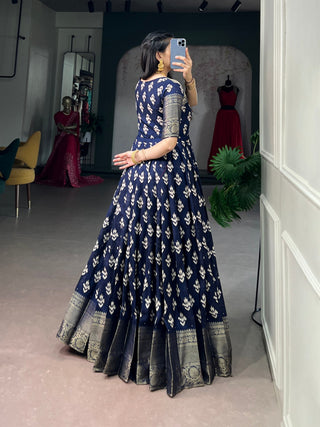 Navy Blue Checks Zari Border Dress ClothsVilla