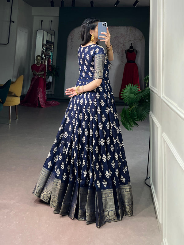 Navy Blue Checks Zari Border Dress ClothsVilla