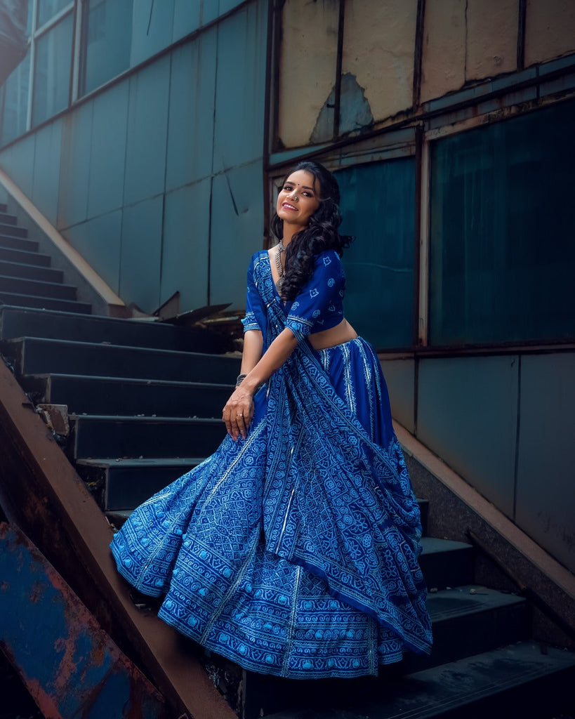 Navy Blue Color Bandhani Printed Vaishali Silk Lehenga With Blouse And Dupatta Clothsvilla