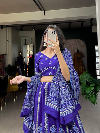 Navy Blue Color Bandhani Printed Vaishali Silk Lehenga With Blouse And Dupatta Clothsvilla
