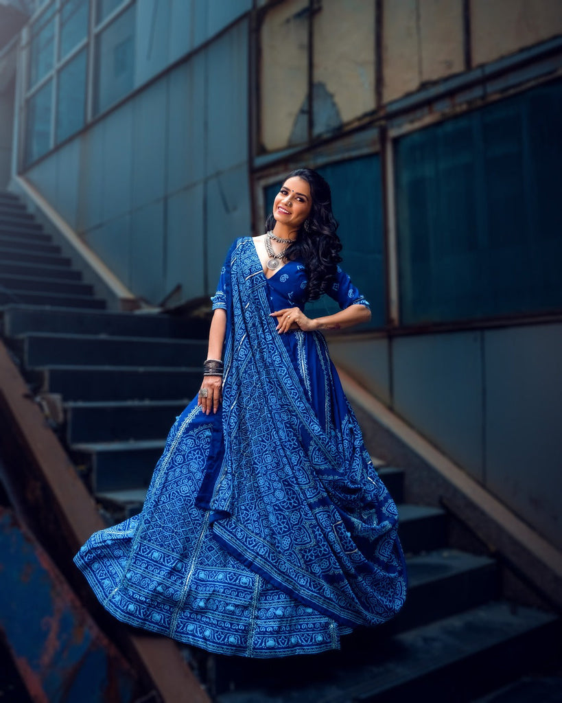 Navy Blue Color Bandhani Printed Vaishali Silk Lehenga With Blouse And Dupatta Clothsvilla