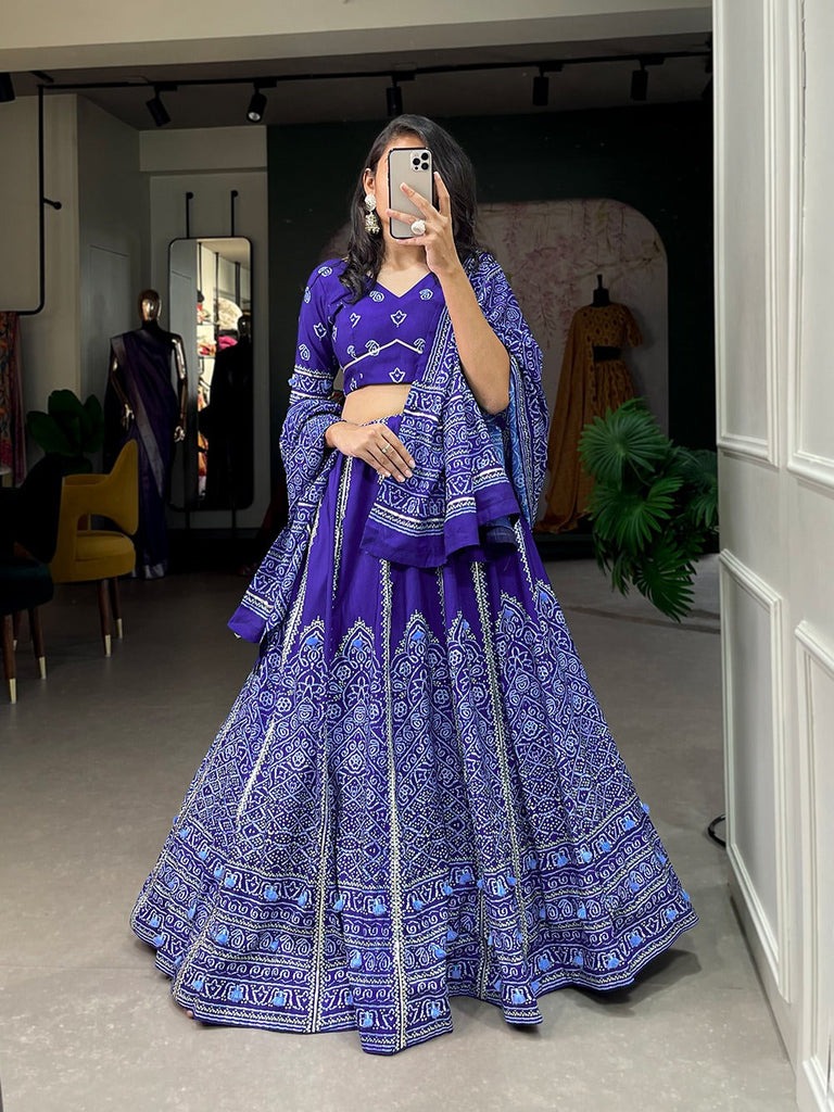 Navy Blue Color Bandhani Printed Vaishali Silk Lehenga With Blouse And Dupatta Clothsvilla